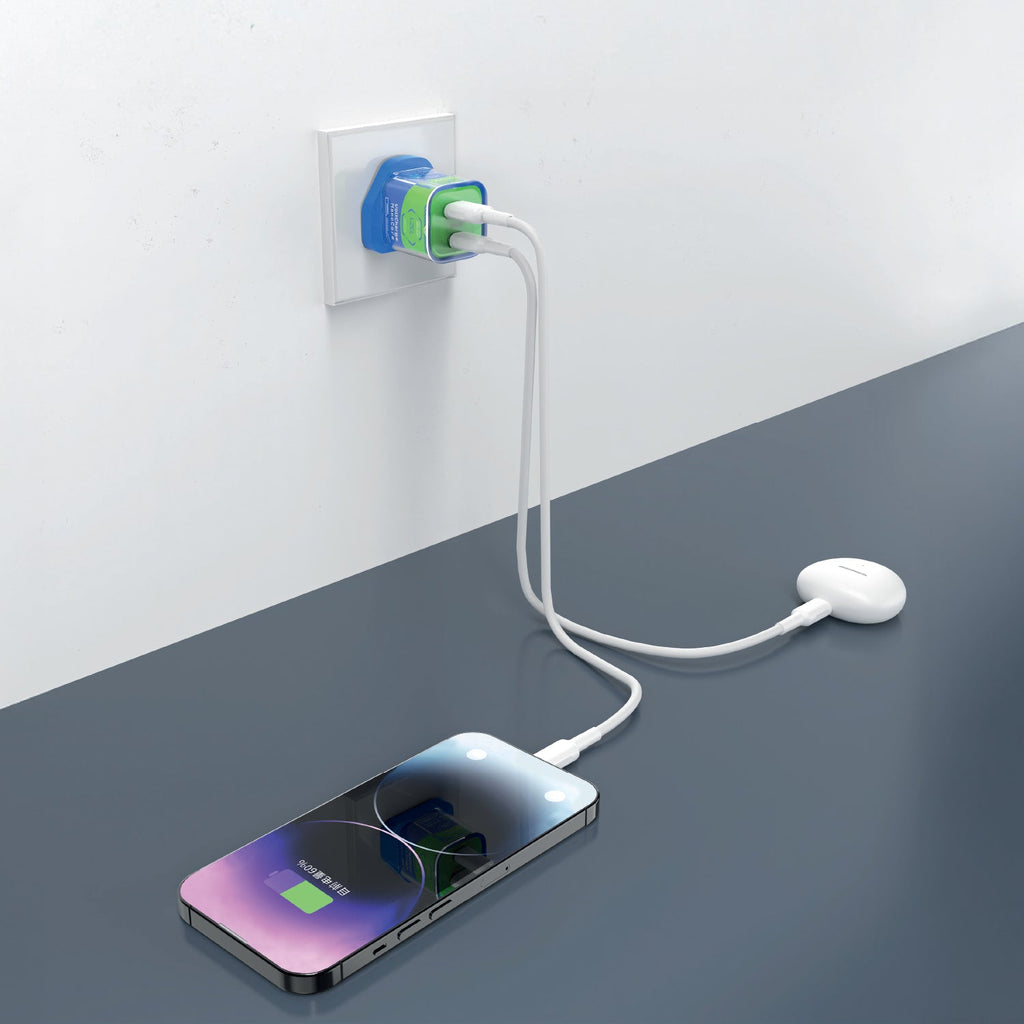 LZEL VoltCharge NanoCore – 30W GaN Transparent Wall Charger | Blue/Green