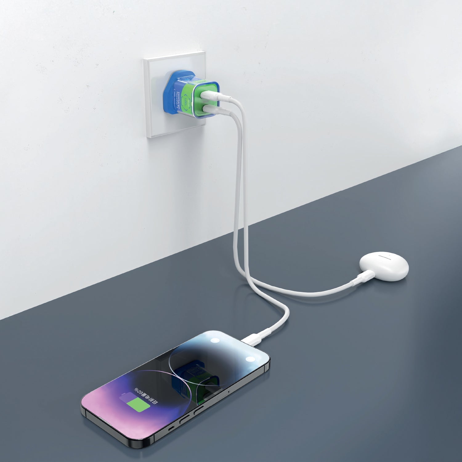LZEL VoltCharge NanoCore – 30W GaN Transparent Wall Charger | Blue/Green