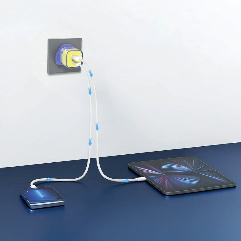 LZEL VoltCharge NanoCore – 30W GaN Transparent Wall Charger | Purple/Yellow