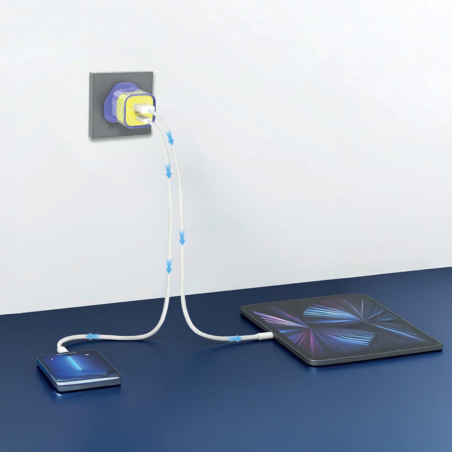 LZEL VoltCharge NanoCore – 30W GaN Transparent Wall Charger | Purple/Yellow
