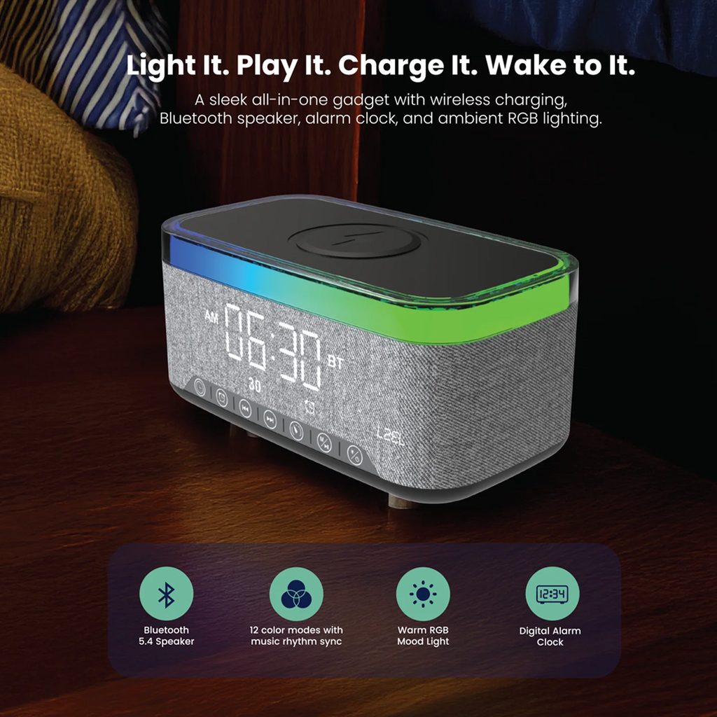LZEL SonicGlow Wake Multifunctional Speaker â€“ Alarm Clock & Wireless Charging Dock