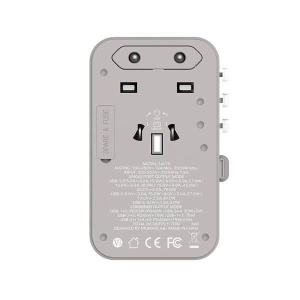 Momax 1-World+ 70W GaN 3-Port w/ Built-in USB-C Cable + AC Travel Adaptor | Grey