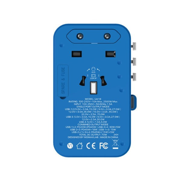 Momax 1-World 70W GaN 3-Port w/Built-in USB-C Cable + AC Travel Adaptor
