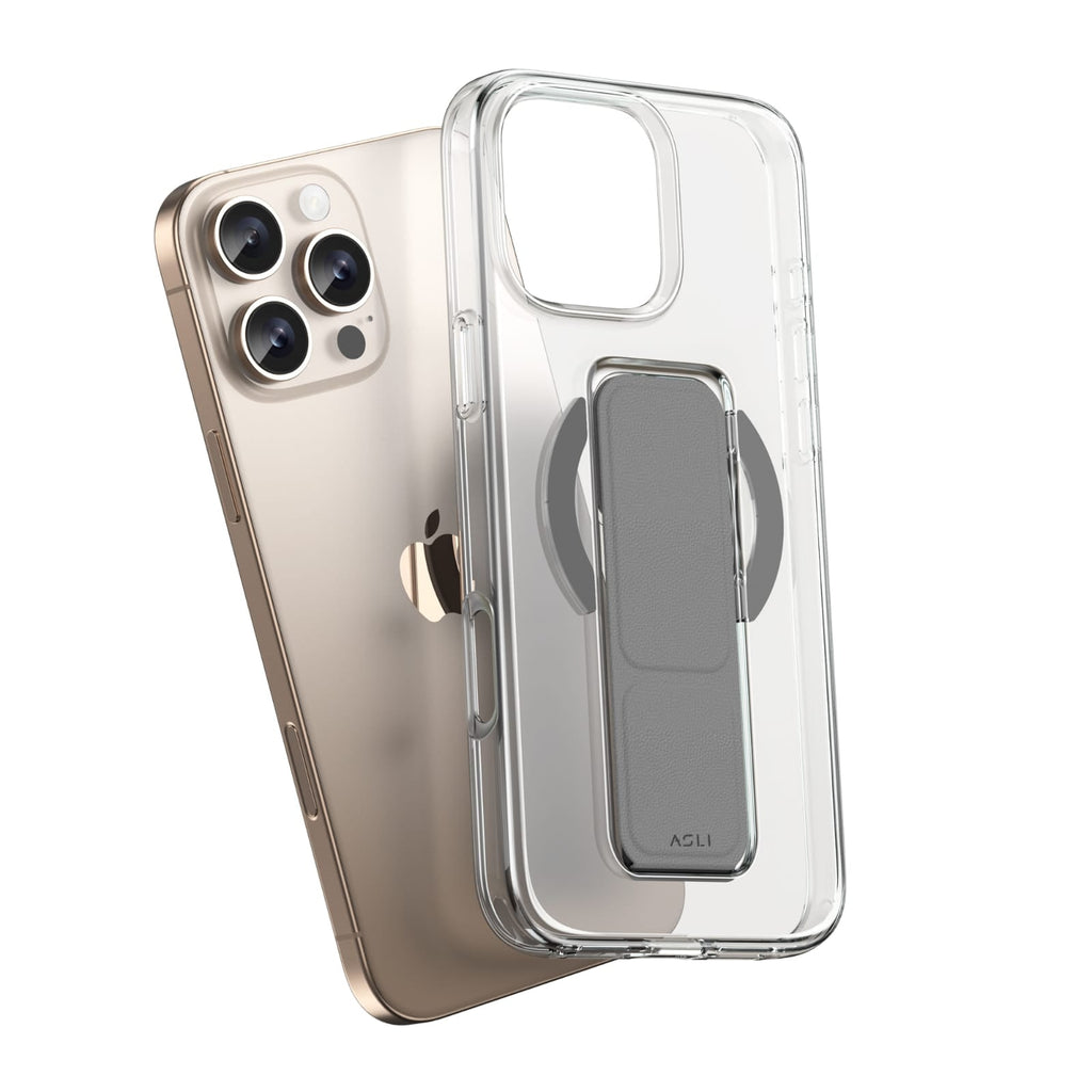 Asli Global iPhone 16 Pro Leather Grip Case |Clear/Gray