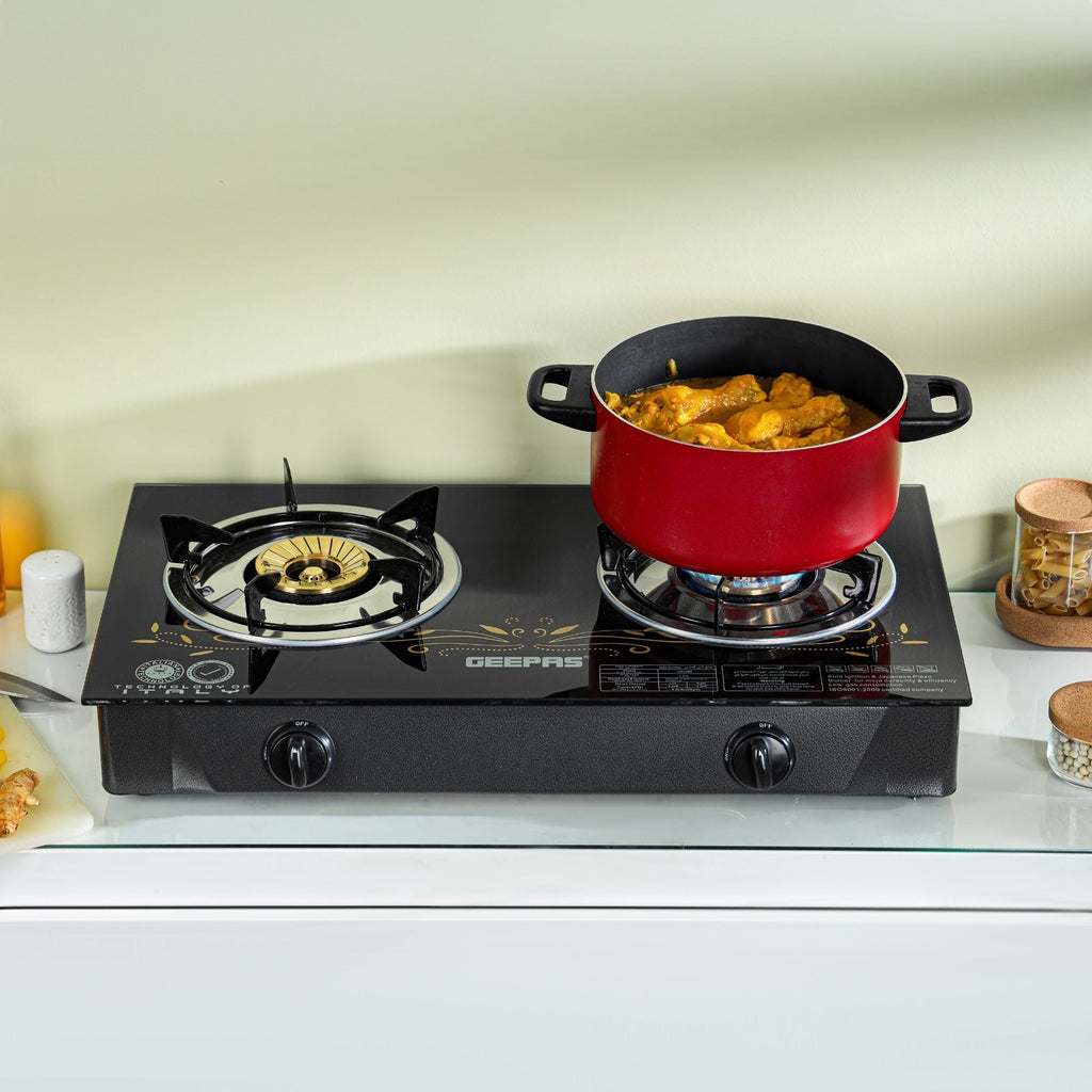 Geepas 2-Burner Gas Cooker â€“ Brass Burners, Tempered Glass, Auto Ignition, Stainless Steel