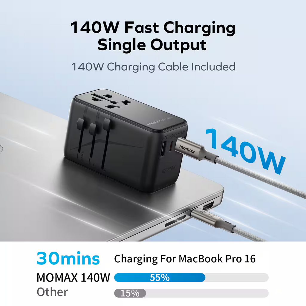Momax - 1-World Universal 4-Port Travel GaN Charger 140W + USB-C Cable | Black