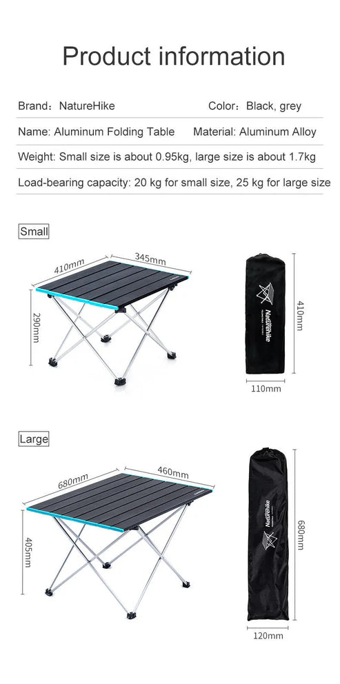 Naturehike FT08 Aluminum Alloy Folding Table â€“ Rock Black | Large