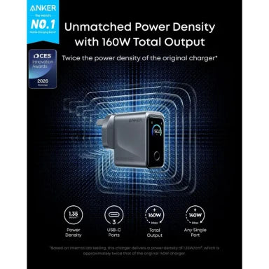 Anker Prime Charger – 160W, 3 Ports, Smart Display | Silver