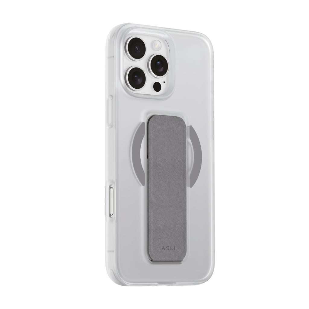 Asli Global Gravitas iPhone 15 Pro Max MagLeather MagSafe With Gray Grip Stand Case| Clear