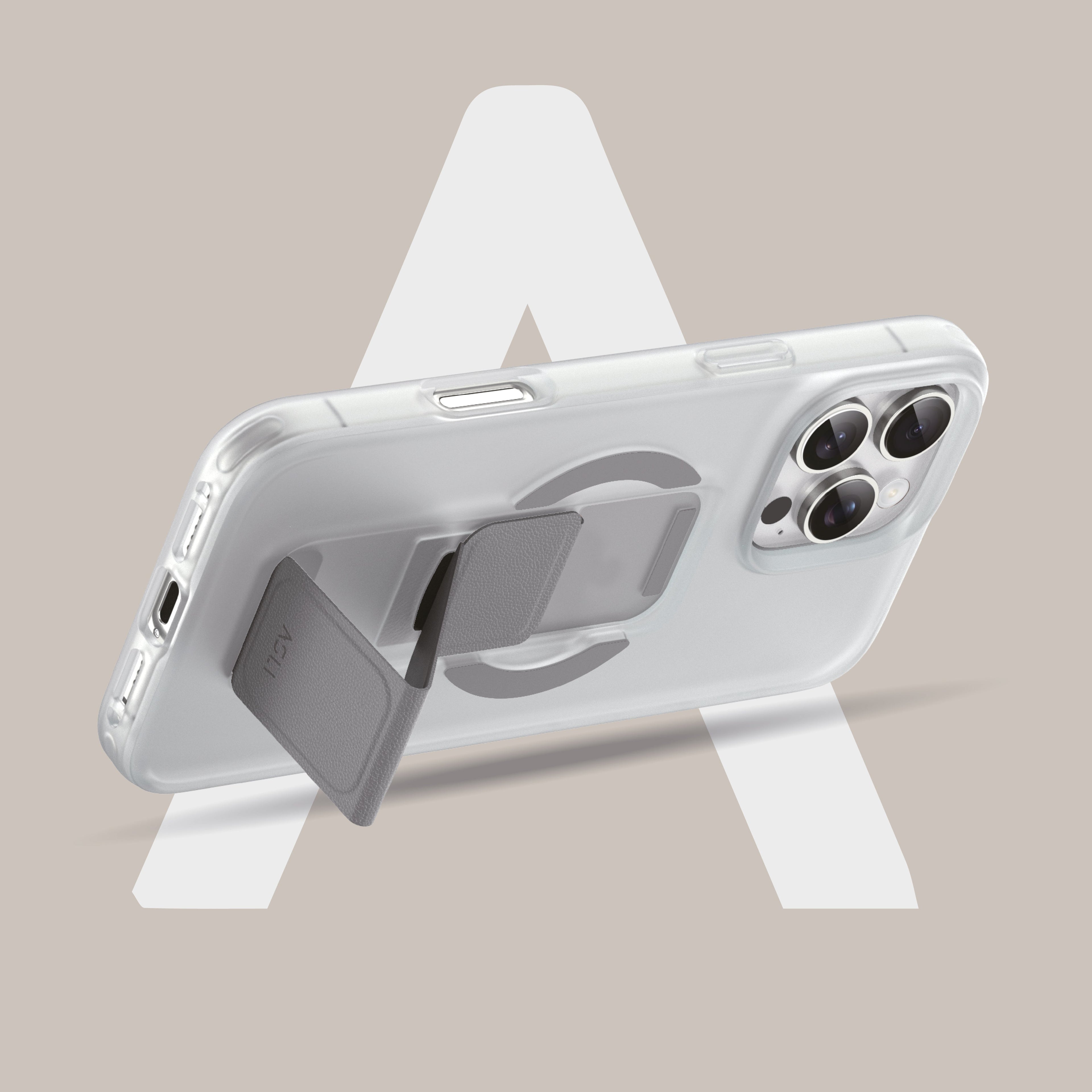 Asli Global Gravitas iPhone 15 Pro MagLeather MagSafe With Gray Grip Stand Case | Clear