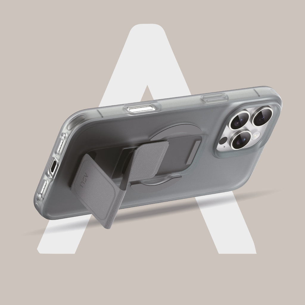 Asli Global Gravitas iPhone 15 Pro MagLeather MagSafe With Grip & Stand Case |Gray
