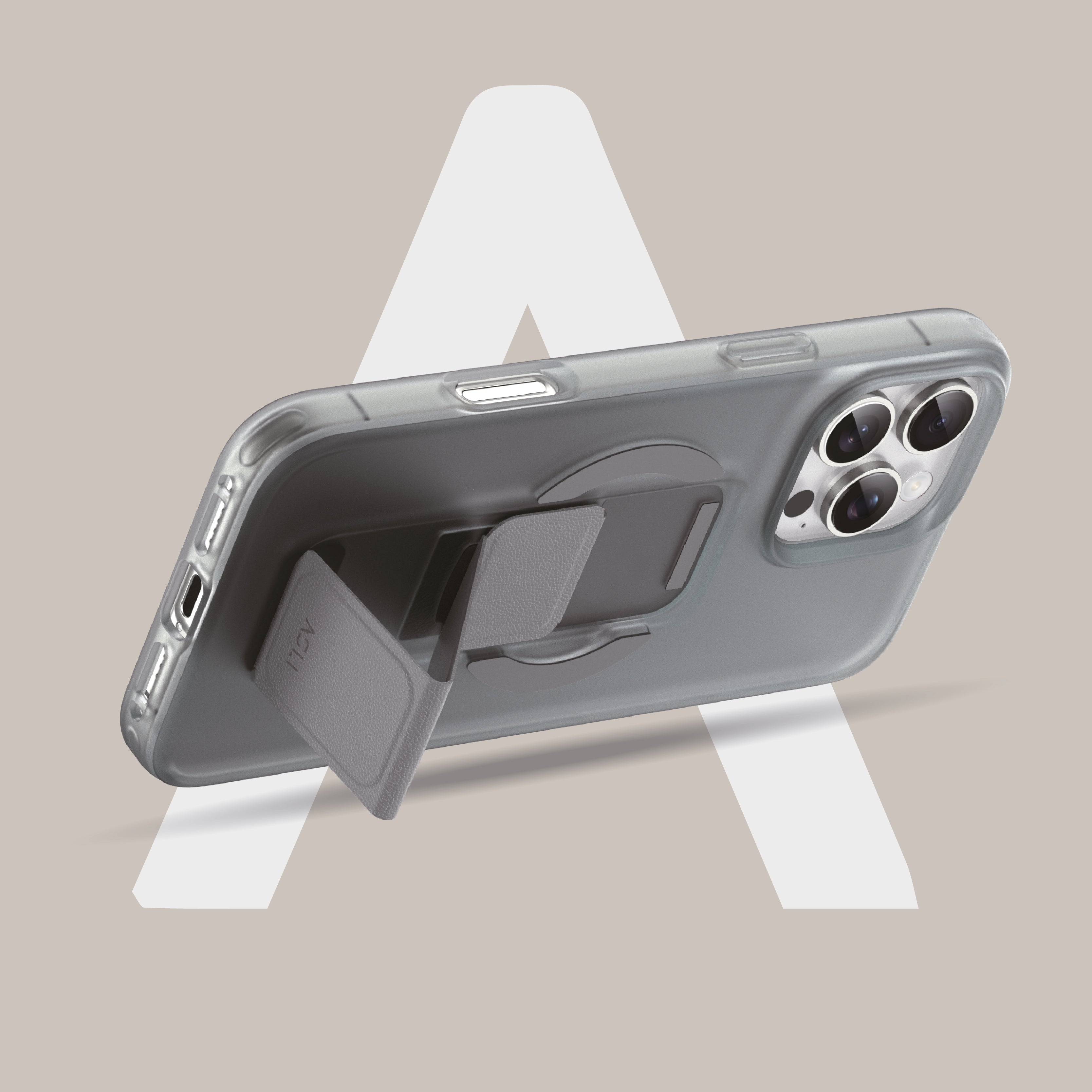 Asli Global Gravitas iPhone 15 Pro MagLeather MagSafe With Grip & Stand Case |Gray