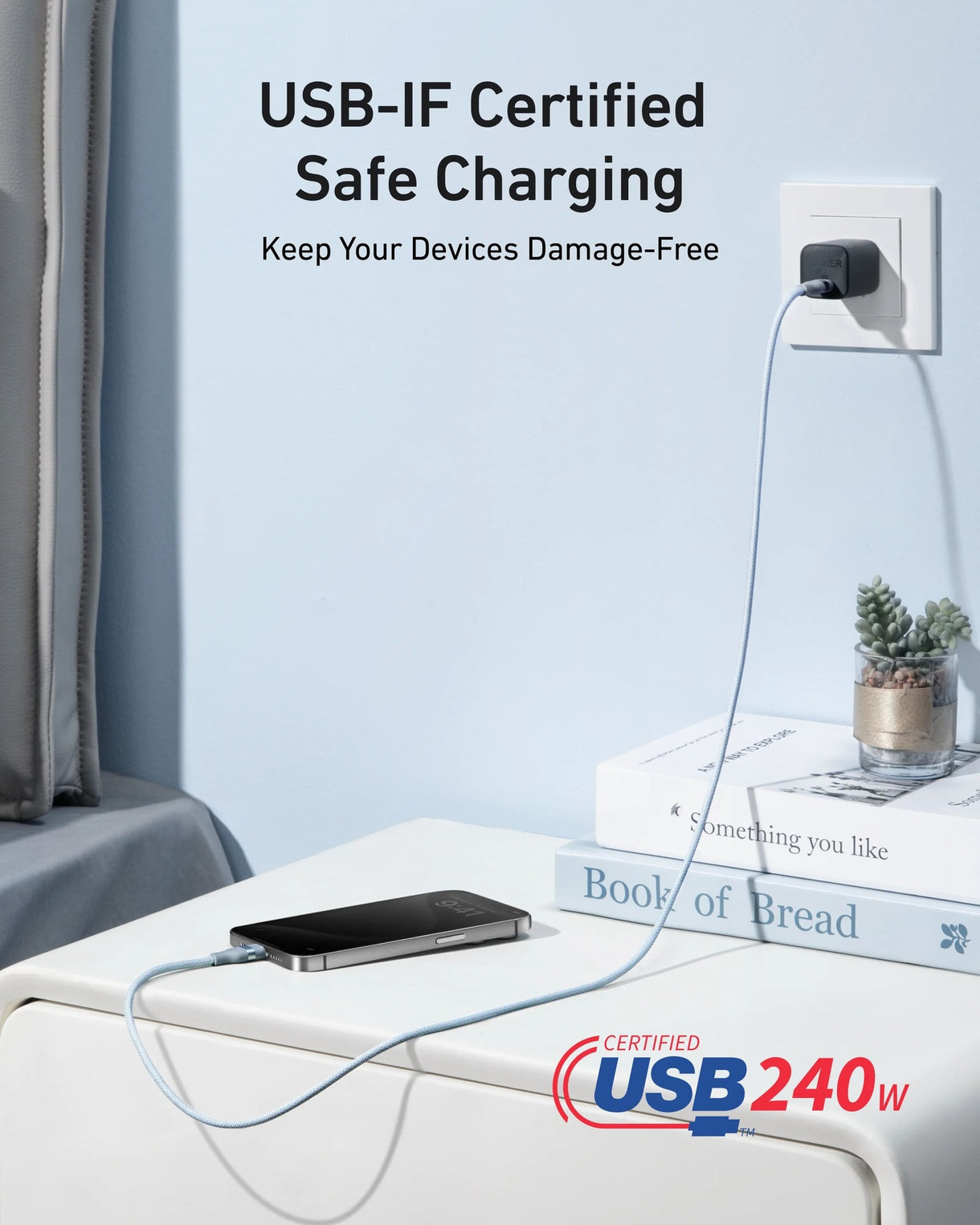 Anker USB-C to USB-C Cable 240W – Upcycled Braided, 0.9m (3ft), Fast Charging | Blue