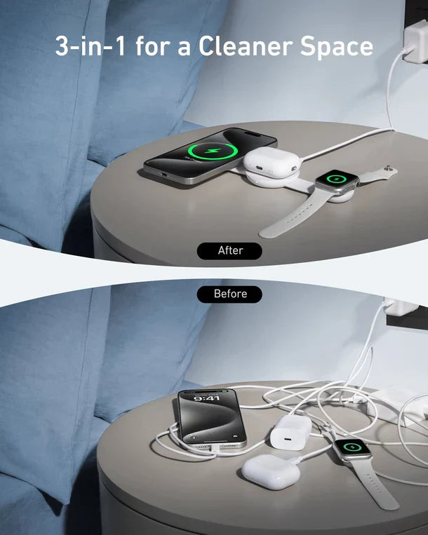 Anker MagGo Wireless Charging Station (3-in-1, Foldable Pad) with Adapter and Cable | White
