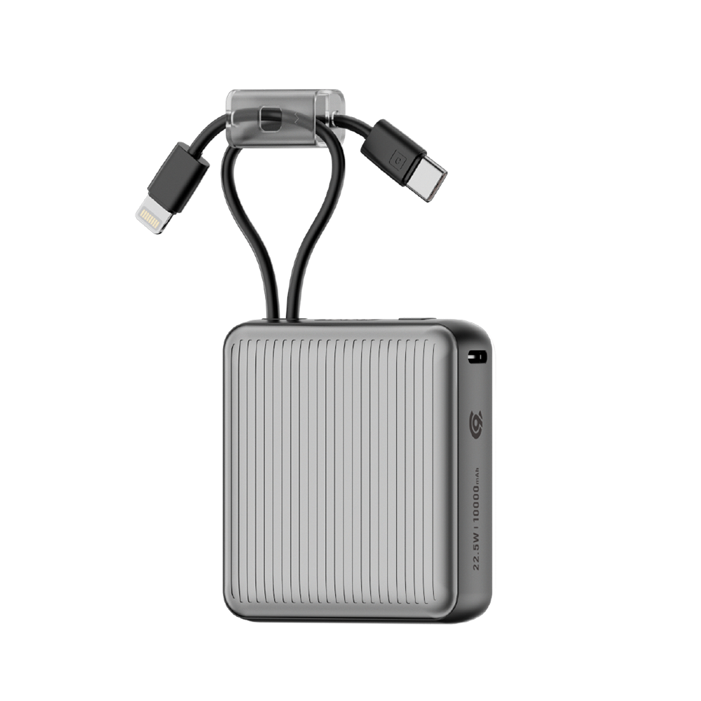 90 Percent Primcore Neo 22.5W Dual Built-In Cables Power Bank Powerdelivery | Qc 3.0 | Usb-C & Lightning | Gray
