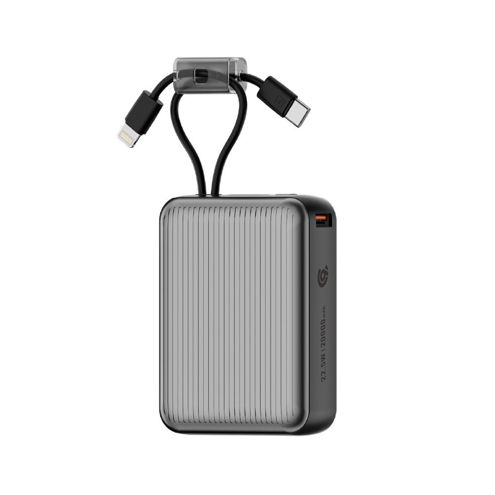 90 Percent Primcore Neo 22.5W Dual Built-In Cables Power Bank Powerdelivery | Qc 3.0 | Usb-C & Usb-A, And With Lightning | Gray