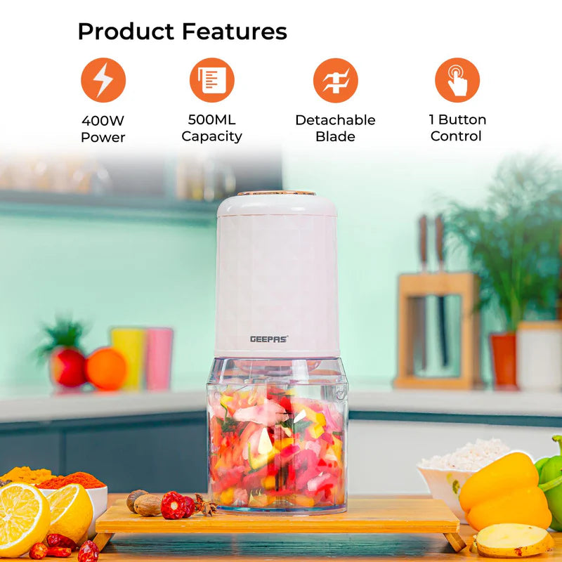 Geepas Multi Chopper | 500W| 0.5L Capacity Bowl | Stainless Steel Blades | Mincing Function | Coarse and Fine |Suitable for Vegetables, Fruits