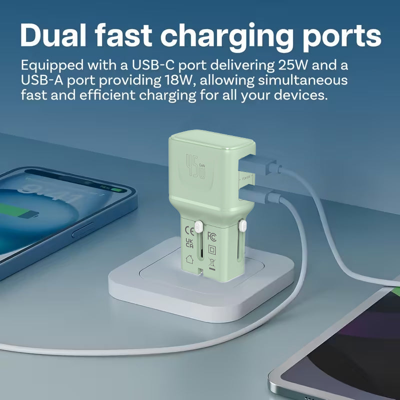 LZEL TravelPro Series Dual Port GaN Travel Wall Charger 45W I Dual Type-C Output I Global compatibility I Green