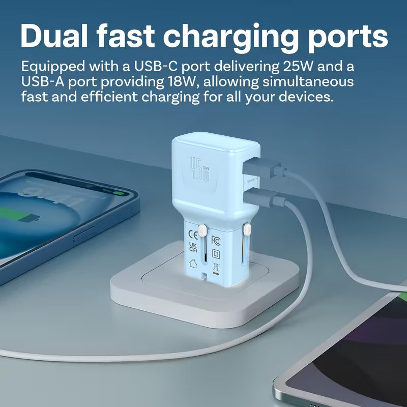 LZEL TravelPro Series Dual Port GaN Travel Wall Charger 45W I Dual Type-C Output I Global compatibility I Blue