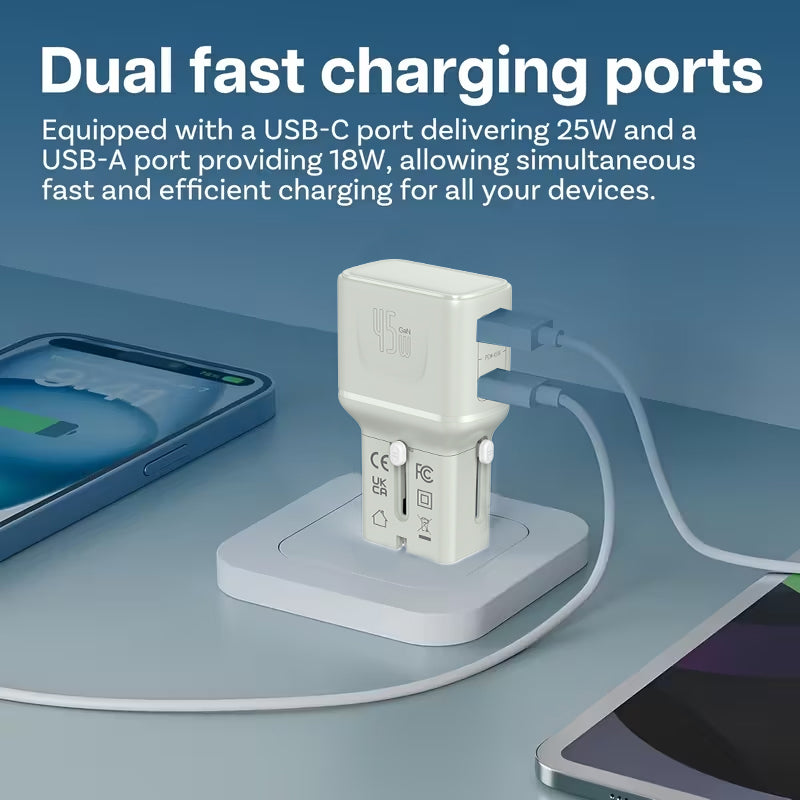 LZEL TravelPro Series Dual Port GaN Travel Wall Charger 45W I Dual Type-C Output I Global compatibility I Gray