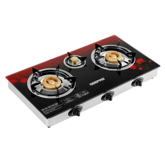 Geepas 3-Burner Gas Cooker GGC31012 â€“ Stainless Steel, Tempered Glass, Auto Ignition