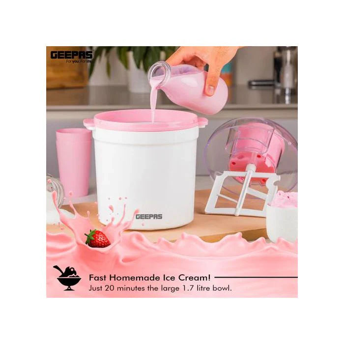 Geepas Ice Cream Maker Machine | BPA-Free, Makes Delicious Soft Ice Cream, Gelato, Frozen Yogurt & Sorbet, Easy-to-Clean Aluminum Bowl, 1.5QT