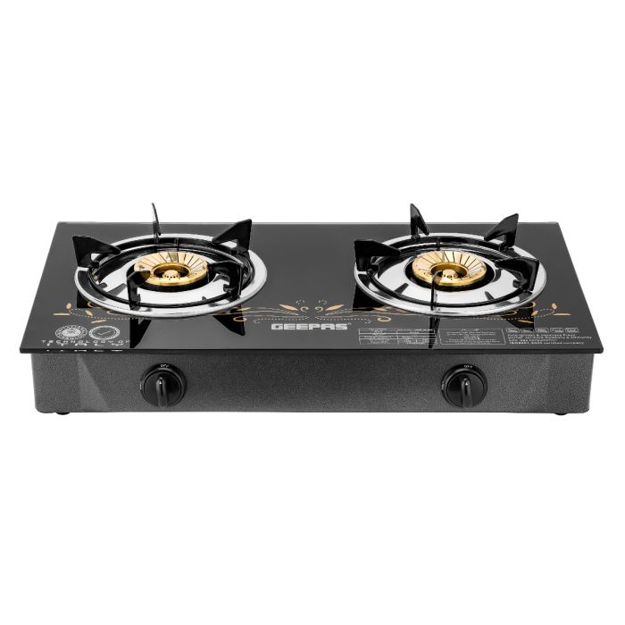 Geepas 2-Burner Gas Cooker â€“ Brass Burners, Tempered Glass, Auto Ignition, Stainless Steel