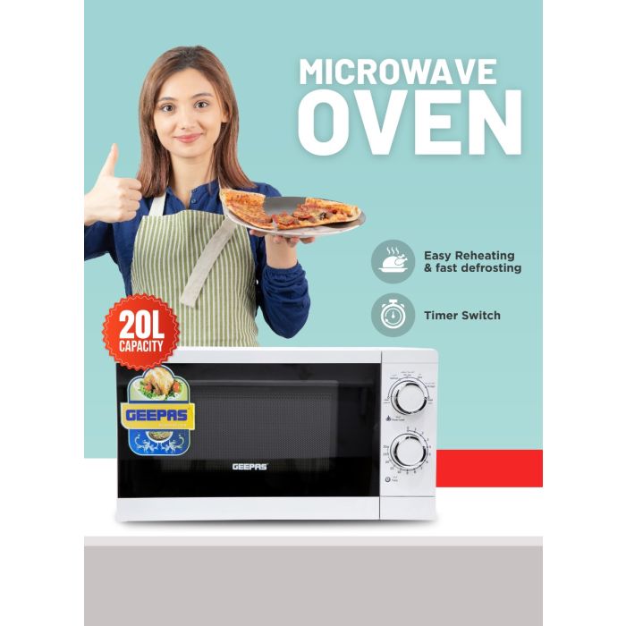 Geepas 20L Solo Microwave Oven â?? 1200W, 6 Power Levels, Timer, 2 Rotary Dials, Defrost Function, White
