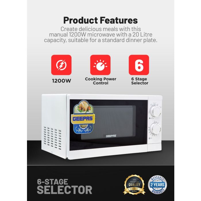 Geepas 20L Solo Microwave Oven â?? 1200W, 6 Power Levels, Timer, 2 Rotary Dials, Defrost Function, White