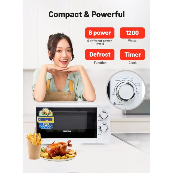 Geepas 20L Solo Microwave Oven – 1200W, 6 Power Levels, Timer, 2 Rotary Dials, Defrost Function, White