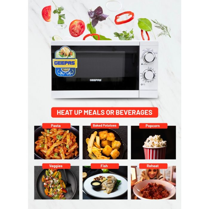 Geepas 20L Solo Microwave Oven â?? 1200W, 6 Power Levels, Timer, 2 Rotary Dials, Defrost Function, White