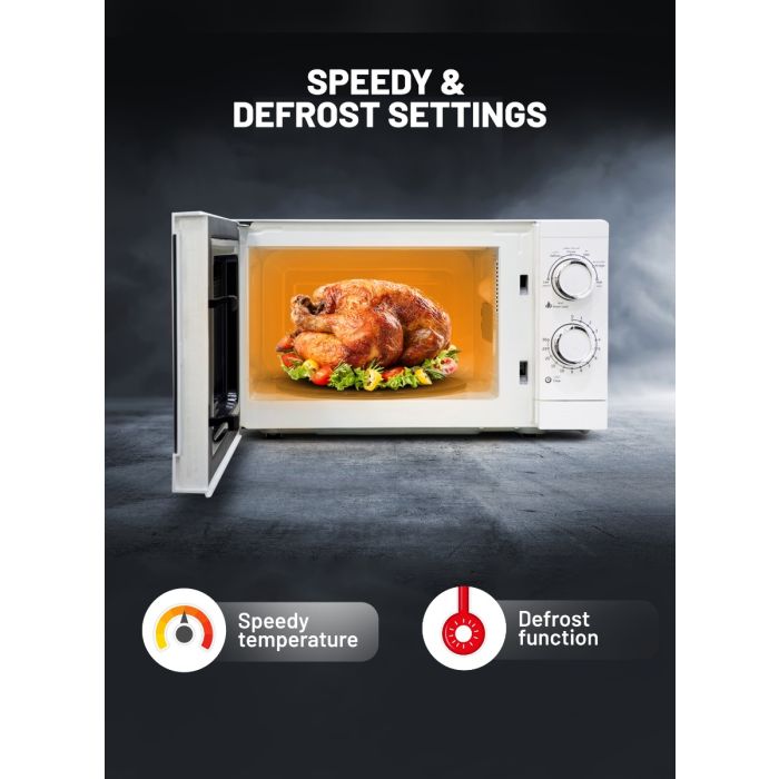Geepas 20L Solo Microwave Oven â?? 1200W, 6 Power Levels, Timer, 2 Rotary Dials, Defrost Function, White