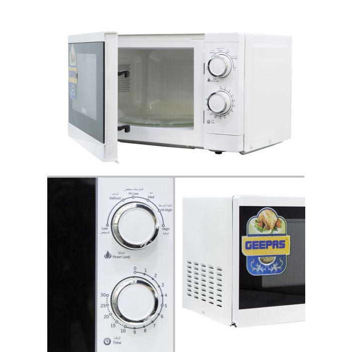 Geepas 20L Solo Microwave Oven â?? 1200W, 6 Power Levels, Timer, 2 Rotary Dials, Defrost Function, White