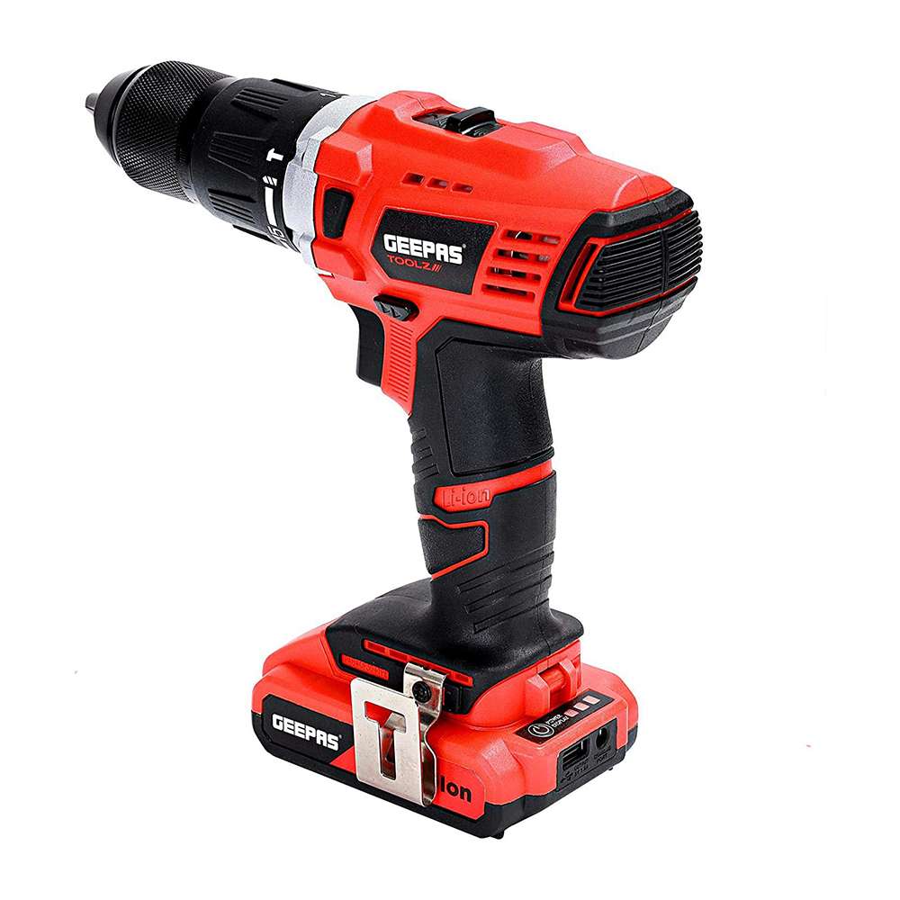 Geepas 18V Cordless Percussion Drill - Driver with Hammer Function, Compact Electric Drill Screwdriver with 2Ah*2 Battery, 15 Torque Setting with 2 Speed and LED Light