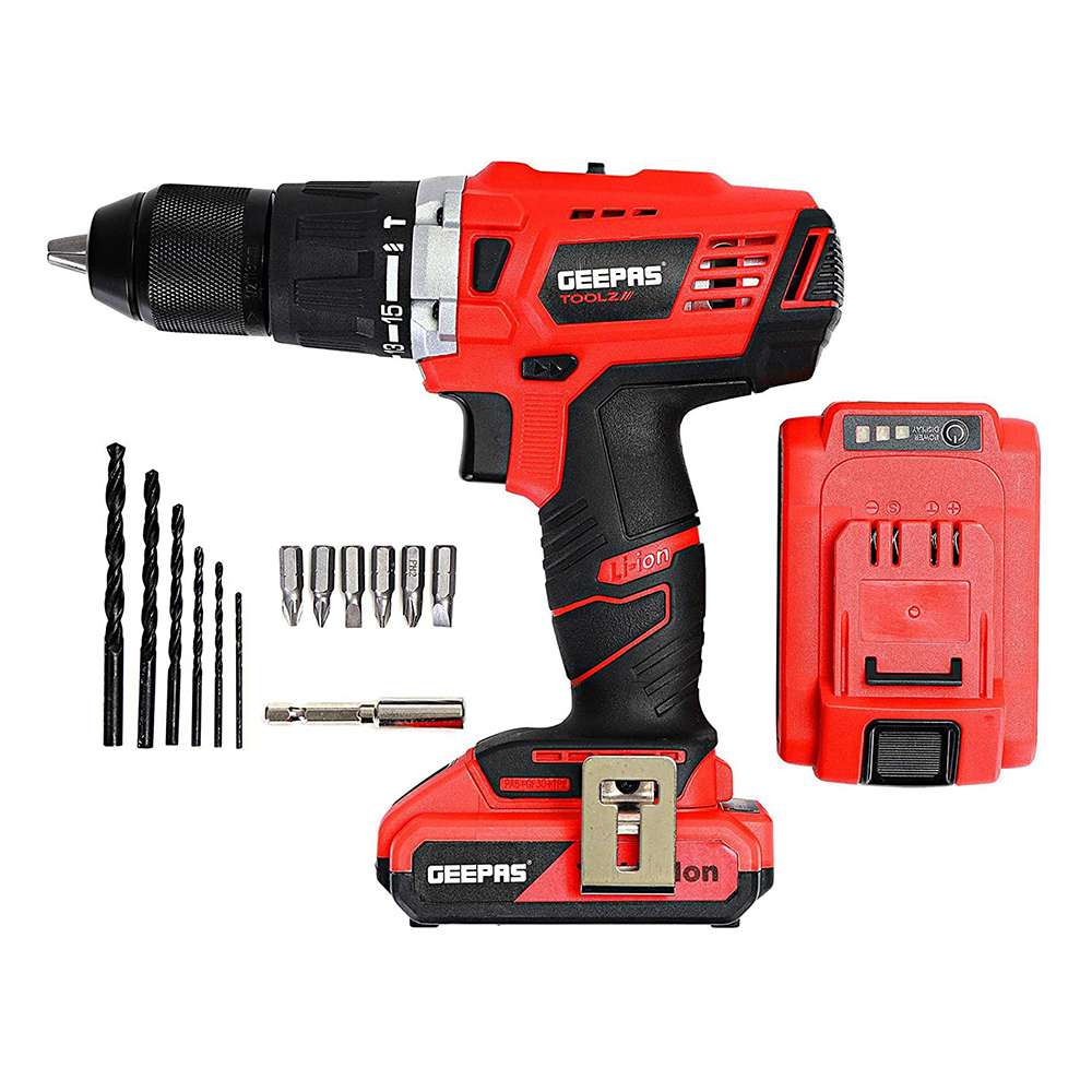 Geepas 18V Cordless Percussion Drill - Driver with Hammer Function, Compact Electric Drill Screwdriver with 2Ah*2 Battery, 15 Torque Setting with 2 Speed and LED Light