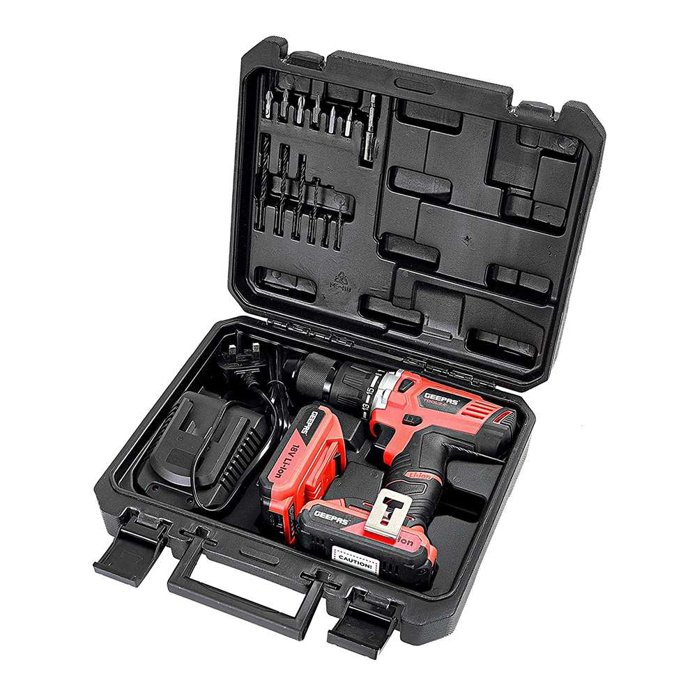 Geepas 18V Cordless Percussion Drill - Driver with Hammer Function, Compact Electric Drill Screwdriver with 2Ah*2 Battery, 15 Torque Setting with 2 Speed and LED Light