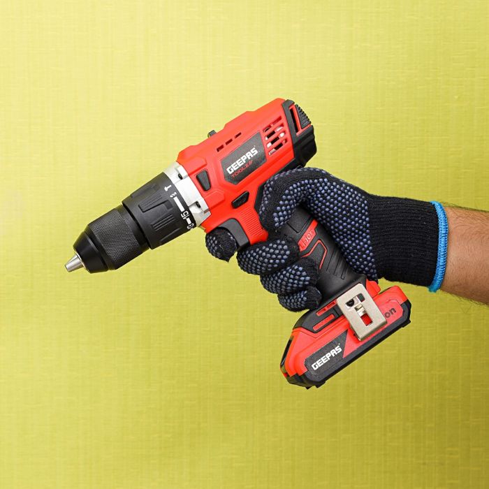 Geepas 18V Cordless Percussion Drill - Driver with Hammer Function, Compact Electric Drill Screwdriver with 2Ah*2 Battery, 15+1 Torque Setting with 2 Speed and LED Light