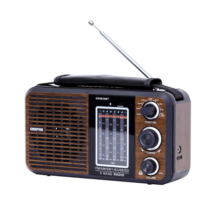 Geepas Rechargeable Radio with BT/USB/SD | 8-Band Music Player | Portable Design | Long Battery Life | FM/AM/SW Support | Rugged Build