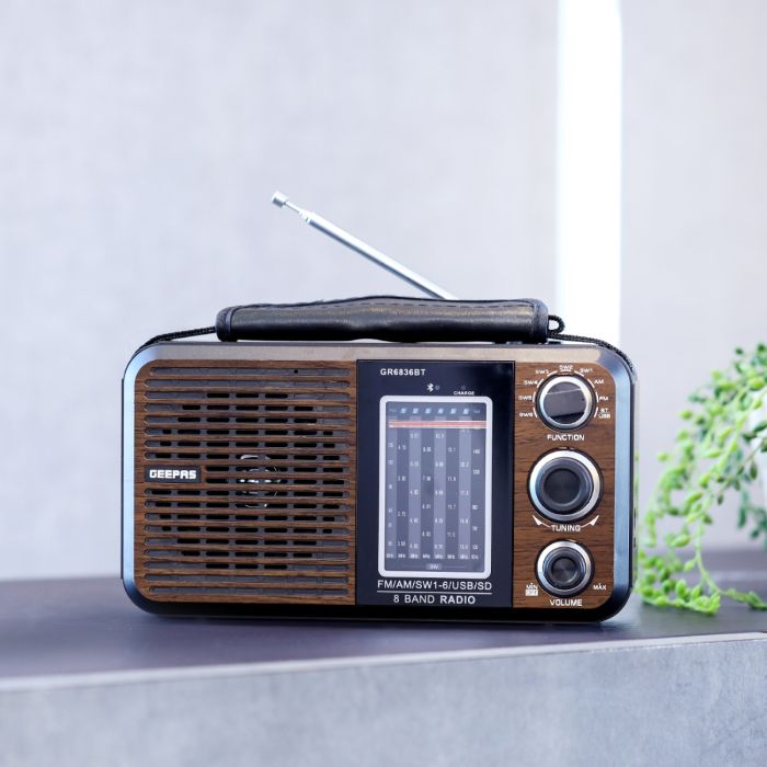 Geepas Rechargeable Radio with BT/USB/SD | 8-Band Music Player | Portable Design | Long Battery Life | FM/AM/SW Support | Rugged Build