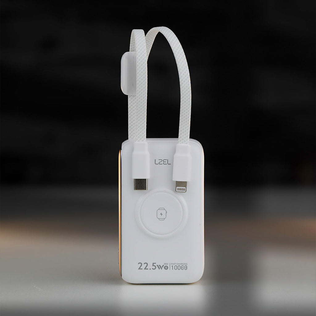 LZEL Ampflow10 Mini 10000Mah Pd Power Bank 22.5W | Built-In Type-C & Lightning Cable | Wireless Charging