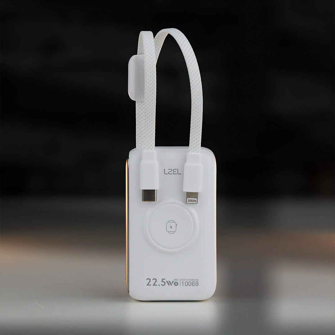 LZEL Ampflow10 Mini 10000Mah Pd Power Bank 22.5W | Built-In Type-C & Lightning Cable | Wireless Charging