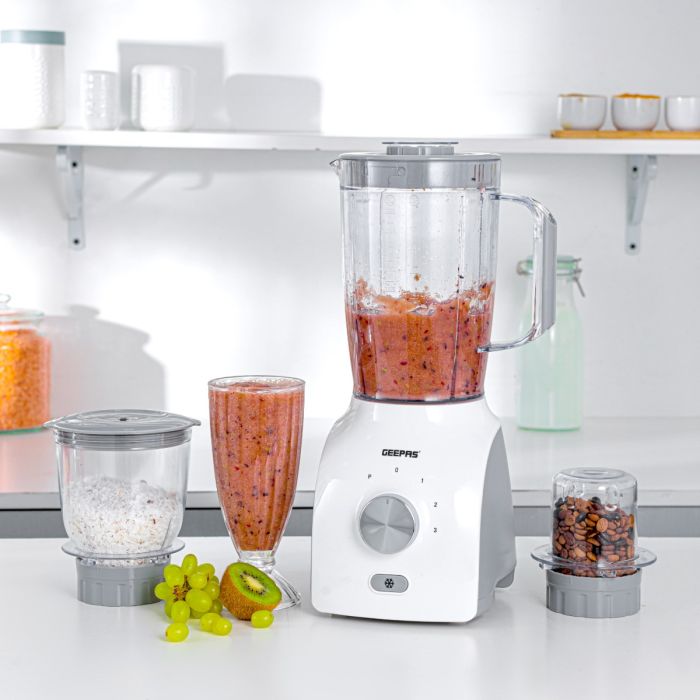 Geepas 3-in-1 Blender- 600 W, Powerful Motor with 3 Speed Setting and Pulse/ Transparent Jars with Stainless Steel Blade, Grinder, Chopper Attachment