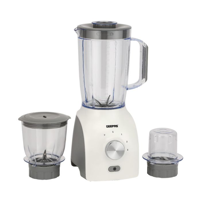 Geepas 3-in-1 Blender- 600 W, Powerful Motor with 3 Speed Setting and Pulse/ Transparent Jars with Stainless Steel Blade, Grinder, Chopper Attachment