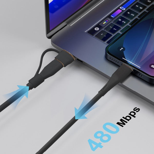 LZEL Celeris PowerDuo – 2-in-1 USB-C to USB-C 100W Silicone Cable (3m) Built-in USB-A connector | Black