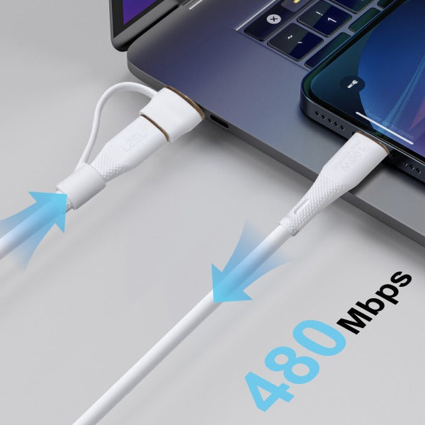 LZEL Celeris PowerDuo – 2-in-1 USB-C to USB-C 100W Silicone Cable (30cm) Built-in USB-A connector | White