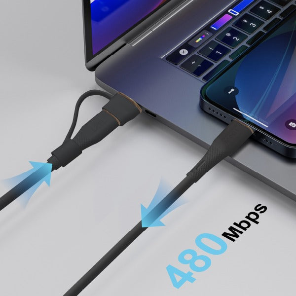 LZEL Celeris PowerDuo – 2-in-1 USB-C to USB-C 100W Silicone Cable (2m) Built-in USB-A connector | Black