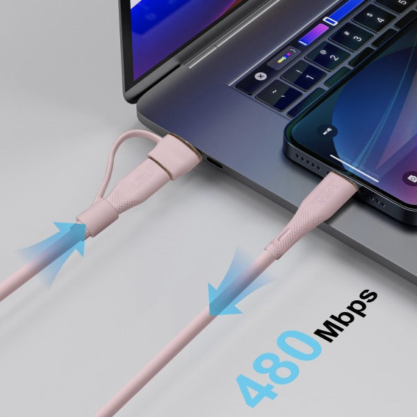 LZEL Celeris PowerDuo – 2-in-1 USB-C to USB-C 100W Silicone Cable (2m) Built-in USB-A connector | Pink