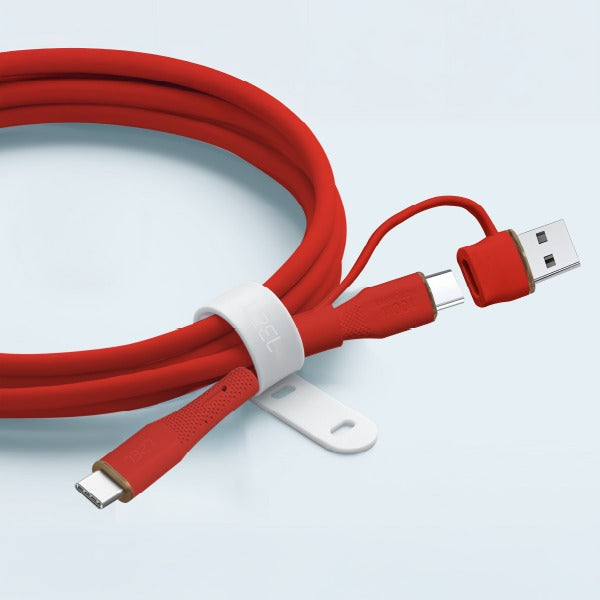 LZEL Celeris PowerDuo – 2-in-1 USB-C to USB-C 100W Silicone Cable (2m) Built-in USB-A connector | Red