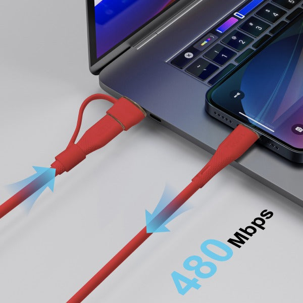 LZEL Celeris PowerDuo – 2-in-1 USB-C to USB-C 100W Silicone Cable (2m) Built-in USB-A connector | Red