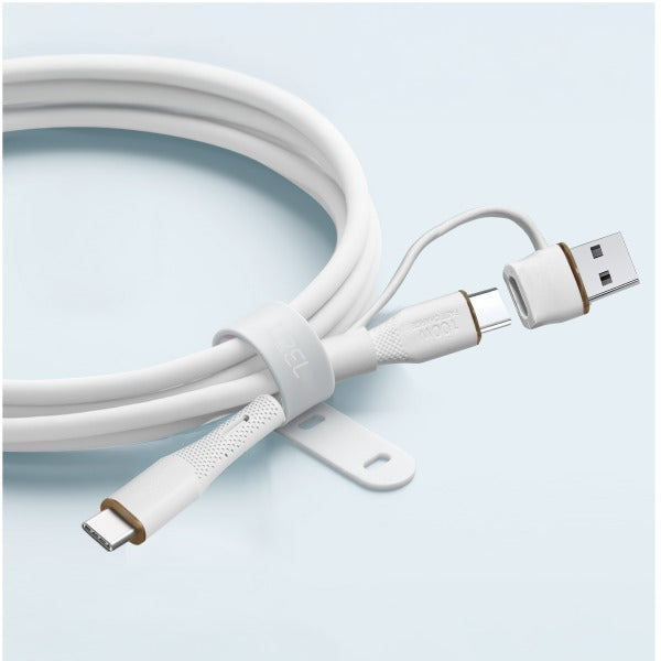 LZEL Celeris PowerDuo – 2-in-1 USB-C to USB-C 100W Silicone Cable (1m) Built-in USB-A connector | White